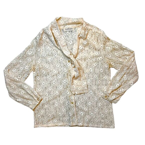 Tumbleweeds Cream Lace Button Front Tie Neck Blouse - Picture 2 of 10